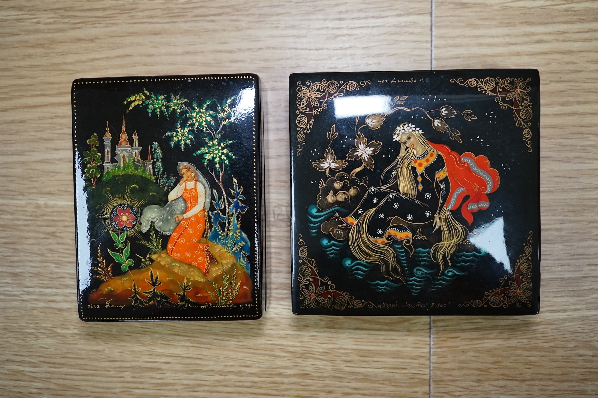 Six late 20th century Russian lacquer boxes, largest 12.5cm. Condition - good